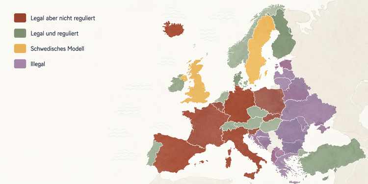 Die Grafik zeigt, wie unterschiedlich Prostitution in den europäischen Ländern rechtlich geregelt ist.